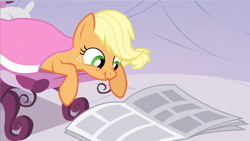 Size: 1280x720 | Tagged: safe, imported from derpibooru, screencap, applejack, pony, ponyville confidential, newspaper, nose wrinkle, reading, scrunchy face, silly, silly pony