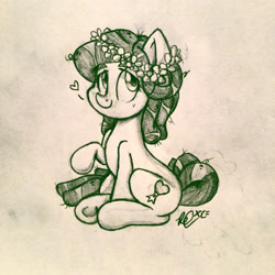 Size: 2448x2448 | Tagged: safe, artist:doodlehorse, imported from derpibooru, tree hugger, female, floral head wreath, heart, messy mane, sketch, solo