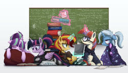 Size: 3000x1715 | Tagged: safe, artist:ncmares, imported from derpibooru, moondancer, starlight glimmer, sunset shimmer, trixie, twilight sparkle, alicorn, pony, unicorn, ask majesty incarnate, :p, alternate hairstyle, blanket, book, calculus, chalkboard, clothes, counterparts, eyes closed, female, finals, floppy ears, fluffy, frown, glare, glasses, goth, hoodie, kilroy, levitation, logic, magic, magical quintet, mare, math, messy mane, nose wrinkle, on back, pillow, ponytail, prone, reading, sitting, sleeping, socks, stockings, striped socks, study group, studying, telekinesis, tired, tongue out, tower of books, twilight sparkle (alicorn), twilight's counterparts, underhoof, unkempt mane, wall of tags, wink