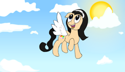 Size: 3725x2150 | Tagged: safe, artist:baratus93, imported from derpibooru, oc, oc only, oc:sky weaver, cloud, cute, flying, sky, smiling, sun