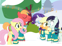 Size: 1000x735 | Tagged: safe, artist:dm29, imported from derpibooru, applejack, big macintosh, coloratura, fluttershy, rarity, earth pony, pony, the mane attraction, advent calendar, caroling, holiday horse days, male, ponytones, ponytones outfit, snow, stallion