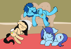 Size: 1850x1275 | Tagged: safe, artist:baratus93, imported from derpibooru, oc, oc only, oc:cheri bleu, oc:royal blue, oc:sky weaver, pony, unicorn, couch, cute, female, mare, pillow, room, rule 63, sleeping