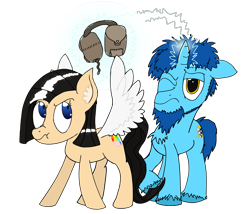 Size: 2400x2050 | Tagged: safe, artist:baratus93, imported from derpibooru, oc, oc only, oc:royal blue, oc:sky weaver, pegasus, pony, unicorn, magic, saddle bag, scrunchy face, simple background, telekinesis, transparent background, wing flare