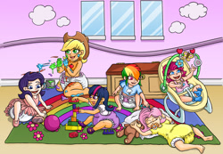 Size: 1600x1108 | Tagged: safe, artist:jamjarmonster, artist:wishberri, imported from derpibooru, applejack, fluttershy, pinkie pie, rainbow dash, rarity, twilight sparkle, human, baby human, diaper, humanized, mane six, onesie, pacifier, poofy diaper, sleeping, younger