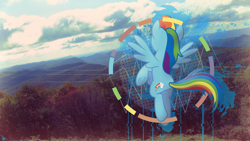 Size: 1920x1080 | Tagged: safe, artist:birthofthepheonix, artist:thegraid, imported from derpibooru, rainbow dash, cloud, effects, floating, forest, irl, photo, ponies in real life, vector, wallpaper