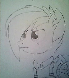 Size: 425x478 | Tagged: safe, artist:chronicle23, imported from derpibooru, rainbow dash, the cutie re-mark, alternate timeline, apocalypse dash, crystal war timeline, female, monochrome, solo, torn ear