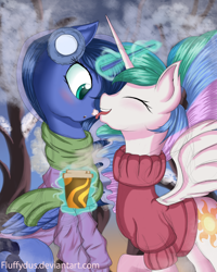 Size: 1636x2048 | Tagged: safe, artist:fluffydus, imported from derpibooru, princess celestia, princess luna, blushing, chocolate, clothes, eyes closed, food, hot chocolate, magic, scarf, snow, sweater, telekinesis, tongue out, whipped cream