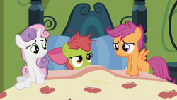 Size: 1366x768 | Tagged: safe, imported from derpibooru, screencap, apple bloom, scootaloo, sweetie belle, family appreciation day, cutie mark crusaders