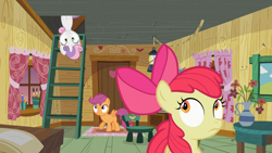 Size: 1366x768 | Tagged: safe, imported from derpibooru, screencap, apple bloom, scootaloo, sweetie belle, family appreciation day, cutie mark crusaders, upside down