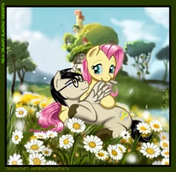 Size: 1373x1340 | Tagged: safe, artist:aspirantedeartista, imported from derpibooru, fluttershy, oc, oc:flowerfield, alicorn, pony, alicorn oc, canon x oc, female, field, flower, glasses, male, preening, shipping, straight