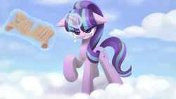 Size: 1920x1080 | Tagged: safe, artist:howxu, imported from derpibooru, starlight glimmer, the cutie re-mark, cloud, crying, female, scroll, solo