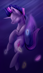 Size: 1000x1700 | Tagged: safe, artist:lighstring, imported from derpibooru, twilight sparkle, alicorn, pony, bubble, eyes closed, feather, female, glow, glowing, mare, solo, twilight sparkle (alicorn), underwater