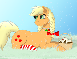 Size: 4500x3500 | Tagged: safe, artist:fia94, imported from derpibooru, applejack, braid, clothes, female, holly, necklace, prone, snow, snowfall, socks, solo, striped socks