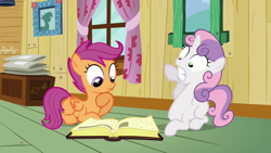 Size: 1280x720 | Tagged: safe, imported from derpibooru, screencap, scootaloo, sweetie belle, hearts and hooves day (episode), book, hearts and hooves day, reading