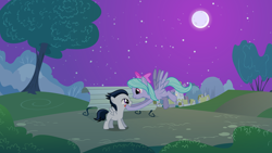 Size: 2970x1670 | Tagged: safe, artist:rozyfly10, imported from derpibooru, flitter, rumble, pegasus, pony, bench, blushing, cute, duo, female, flitterumble, male, moon, night, park background, ponyville, shipping, straight, straight shota, tree