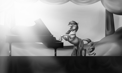 Size: 1600x960 | Tagged: safe, artist:mylittleasspit, imported from derpibooru, coloratura, the mane attraction, eyes closed, female, grayscale, monochrome, musical instrument, piano, rara, scene interpretation, singing, solo