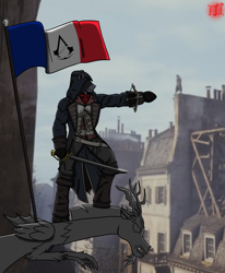 Size: 1650x2000 | Tagged: safe, artist:lucandreus, imported from derpibooru, discord, anthro, unguligrade anthro, arno dorian, assassin's creed, assassin's creed unity, crossover, french flag, saber, weapon
