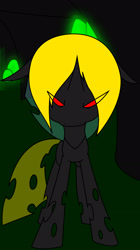 Size: 1456x2592 | Tagged: safe, artist:gh0st, imported from derpibooru, oc, oc only, oc:chip bobowski, changeling, angry, blonde, looking at you, red eyes, solo
