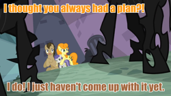 Size: 960x540 | Tagged: safe, imported from derpibooru, screencap, carrot top, doctor whooves, golden harvest, time turner, tornado bolt, changeling, pony, a canterlot wedding, image macro, male, meme, orange text, stallion