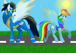 Size: 700x488 | Tagged: safe, artist:colourstrike, imported from derpibooru, rainbow dash, soarin', pony, clothes, female, male, shipping, soarindash, straight, sun, uniform, wonderbolt trainee uniform, wonderbolts uniform