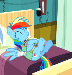 Size: 328x342 | Tagged: safe, imported from derpibooru, screencap, rainbow dash, pegasus, pony, read it and weep, animated, bandaged wing, cute, dashabetes, female, gif, solo, tail wag