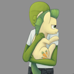 Size: 1000x1000 | Tagged: safe, artist:unsavorydom, imported from derpibooru, carrot crunch, oc, oc:anon, human, pony, butt touch, clothes, frown, hand on butt, holding a pony, hug