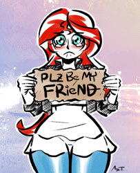 Size: 650x800 | Tagged: safe, artist:mojot, imported from derpibooru, sunset shimmer, equestria girls, begging, bronybait, crying, daily sunset, female, frown, sad, sign, solo, wide hips