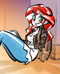 Size: 650x800 | Tagged: safe, artist:mojot, imported from derpibooru, sunset shimmer, equestria girls, breasts, busty sunset shimmer, daily sunset, female, grin, sketchbook, solo