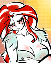 Size: 650x800 | Tagged: safe, artist:mojot, imported from derpibooru, sunset shimmer, equestria girls, breasts, busty sunset shimmer, cleavage, daily sunset, drool, female, sleeping, solo