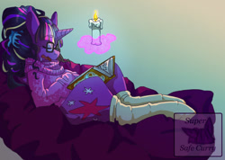 Size: 1136x810 | Tagged: safe, artist:pastel-pony-pictures, imported from derpibooru, twilight sparkle, unicorn, alternate hairstyle, book, candle, clothes, drool, glasses, levitation, magic, sleeping, socks, solo, sweater, telekinesis, this will not end well