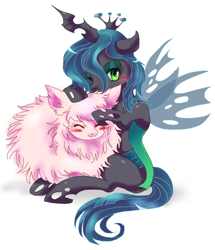 Size: 730x850 | Tagged: safe, artist:tsukuda, imported from derpibooru, queen chrysalis, oc, oc:fluffle puff, blushing, canon x oc, chrysipuff, cute, cutealis, eyes closed, female, flufflebetes, hug, lesbian, ocbetes, pixiv, shipping, simple background, white background