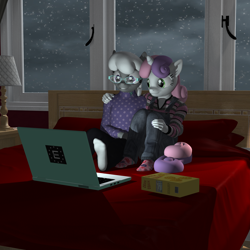 Size: 2500x2500 | Tagged: safe, artist:tahublade7, imported from derpibooru, silver spoon, sweetie belle, anthro, plantigrade anthro, 3d, bed, box, clothes, computer, crackers, daz studio, feet, female, food, hug, laptop computer, lesbian, overalls, pants, shipping, silverbelle, snow, snowfall, socks, sweater