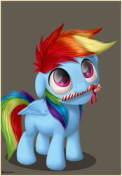 Size: 425x612 | Tagged: safe, artist:shiarr, imported from derpibooru, rainbow dash, candy, candy cane, cute, dashabetes, female, filly, filly rainbow dash, floppy ears, food, mouth hold, solo