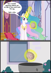 Size: 790x1117 | Tagged: safe, artist:bbbhuey, imported from derpibooru, princess celestia, alicorn, pony, the cutie re-mark, bad end, egg, female, glowing, glowing horn, horn, into the trash it goes, magic, mare, sad, solo, spike's egg, telekinesis, trash, trash can