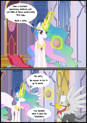 Size: 790x1117 | Tagged: safe, artist:bbbhuey, imported from derpibooru, gustave le grande, princess celestia, alicorn, griffon, pony, the cutie re-mark, bad end, canterlot throne room, comic, dark comedy, dragon egg, duo, egg, female, glowing, glowing horn, horn, implied spike, magic, magic aura, male, mare, speech bubble, spike's egg, telekinesis, this will end in death, this will end in tears and/or breakfast