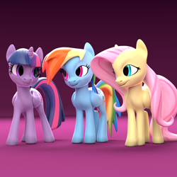 Size: 1080x1080 | Tagged: safe, artist:lightningflame, imported from derpibooru, fluttershy, rainbow dash, twilight sparkle, alicorn, pegasus, pony, 3d, cutie mark, female, folded wings, looking at each other, mare, standing, trio, twilight sparkle (alicorn), wings