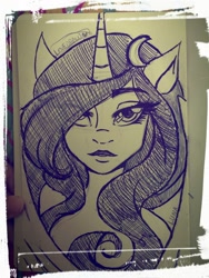 Size: 720x960 | Tagged: safe, artist:lovedraw19, imported from derpibooru, princess luna, human, female, horned humanization, humanized, monochrome, solo, traditional art