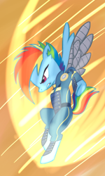 Size: 900x1500 | Tagged: safe, artist:vistamage, imported from derpibooru, rainbow dash, the cutie re-mark, action pose, alternate timeline, amputee, apocalypse dash, augmented, crystal war timeline, female, prosthetic limb, prosthetic wing, prosthetics, solo, torn ear