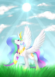 Size: 1024x1434 | Tagged: safe, artist:scarlet-spectrum, imported from derpibooru, princess celestia, crepuscular rays, female, looking up, slim, solo, spread wings, sun, thin, watermark