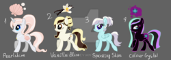 Size: 1024x360 | Tagged: safe, artist:xebck, imported from derpibooru, oc, oc only, oc:colour crystal, oc:pearlshine, oc:sparkling skies, oc:vanilla bliss, watermark