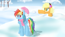 Size: 3264x1836 | Tagged: safe, artist:alexander56910, imported from derpibooru, applejack, rainbow dash, clothes, fluffy, hat, scarf, snow, snowball