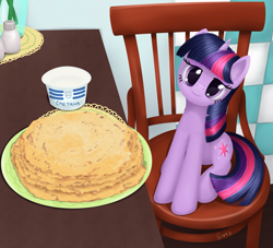 Size: 2777x2520 | Tagged: safe, artist:galekz, imported from derpibooru, twilight sparkle, unicorn, behaving like a cat, chair, crepe, cute, female, food, head tilt, i'm pancake, kitchen, kot blini, lidded eyes, looking at you, pancakes, parody, ponified animal photo, russian, sitting, smiling, solo, sour cream, twiabetes, twilight cat, unicorn twilight