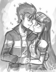 Size: 709x900 | Tagged: safe, artist:johnjoseco, imported from derpibooru, flash sentry, twilight sparkle, human, equestria girls, female, flashlight, grayscale, humanized, male, monochrome, puns in the comments, shipping, sparkles, straight