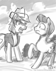 Size: 709x900 | Tagged: safe, artist:johnjoseco, imported from derpibooru, braeburn, caramel, earth pony, pony, duo, frown, grayscale, male, monochrome, open mouth, open smile, raised hoof, smiling, stallion, sweat, sweatdrop