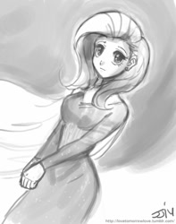 Size: 709x900 | Tagged: safe, artist:johnjoseco, imported from derpibooru, fluttershy, human, clothes, dress, elsa, female, frozen (movie), grayscale, humanized, monochrome, solo