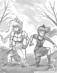 Size: 709x900 | Tagged: safe, artist:johnjoseco, imported from derpibooru, princess celestia, princess luna, human, barefoot, dirt, dirty, dirty feet, feet, frown, grayscale, humanized, monochrome, mud, unamused