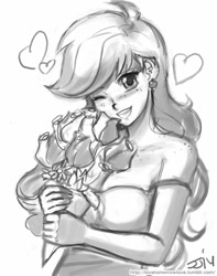 Size: 709x900 | Tagged: safe, artist:johnjoseco, imported from derpibooru, applejack, human, clothes, earring, female, flower, grayscale, heart, humanized, looking at you, monochrome, open mouth, piercing, solo, wink