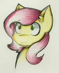 Size: 467x576 | Tagged: safe, artist:cinematic-atmosphere, imported from derpibooru, fluttershy, ear fluff, female, looking at you, portrait, short mane, smiling, solo, traditional art