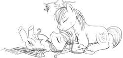 Size: 849x402 | Tagged: safe, artist:karmadash, imported from derpibooru, big macintosh, rainbow dash, earth pony, pony, candy, candy cane, food, hat, male, mistletoe, monochrome, rainbowmac, reindeer antlers, santa hat, shipping, sketch, sleeping, stallion, straight