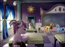 Size: 2000x1440 | Tagged: safe, artist:cuttledreams, imported from derpibooru, starlight glimmer, sunset shimmer, trixie, pony, unicorn, pony pov series, alternate universe, birth of evil, blank flank, bullied, bully, bullying, classroom, female, filly, filly starlight glimmer, flower, origin story, pigtails, plant, princess celestia's school for gifted unicorns, saddle bag, start of darkness, younger